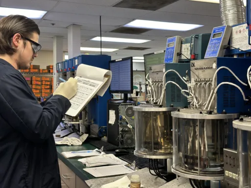 A man standing doing Oil Analysis